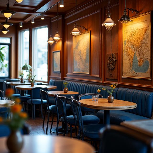 Interior de la cafetería con decoración de madera y detalles azules