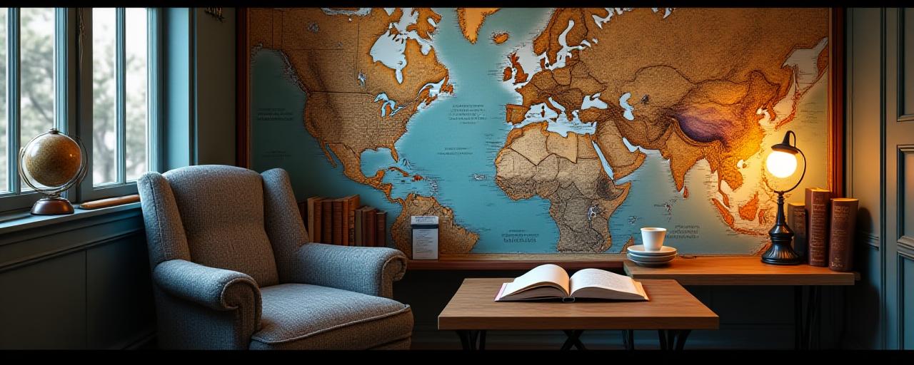 Zona de asientos con mapas náuticos en la pared